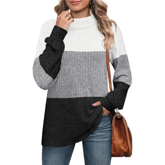Oversized Boho Color Block Turtleneck Sweater | Cozy Fall Tunic Top for Women - Picture 2 of 5